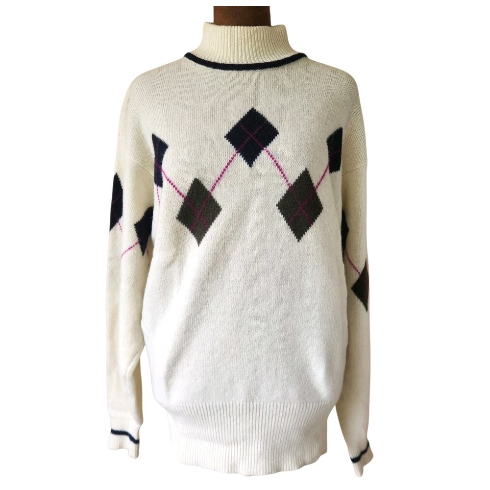 VTG Liz Sport Sweater Size L‎ Lambswool Argyle Academia Preppy Mock Neck Women's